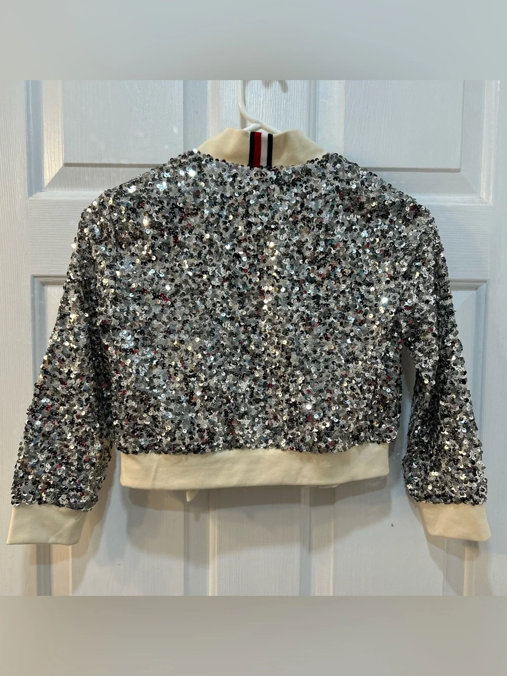 NWT Tommy Hilfiger Kids Silver Sequin Bomber Jacker Sz S 6-7 Button Snap Festive